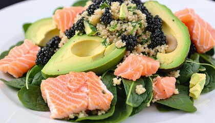  Fresh and healthy meal with avocado salmon and quinoa