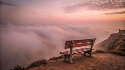 A Wooden Bench overlooking a Sea of Clouds at Sunset