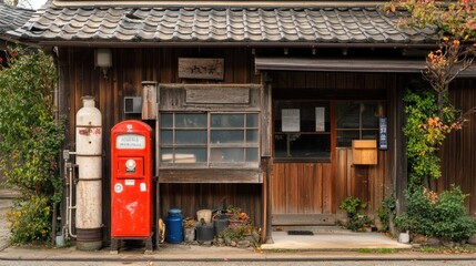 Naklejka premium An old, rustic Japanese house with a red vintage gas pump, a tiled roof, a wooden door and windows, and potted plants in the front.