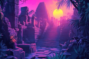 A Stone Stairway Leading into a Pink and Purple Jungle at Sunset