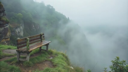 Obraz premium A Wooden Bench Overlooking a Foggy Mountain Valley