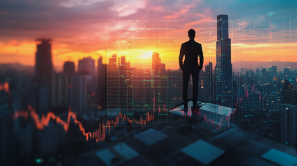 Abstract business man stands on the peak of success amid tall, innovative  Smart city and graphs with statistics to analyze business potential and predict future developments in company growth.