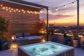 Obraz premium rooftop terrace with wooden slat wall, small hot tub and seating area