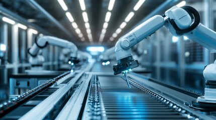 Fototapeta premium Automated assembly line in an electronics factory, showcasing Industry 4.0 technology