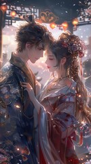 Obraz premium A couple dressed in exquisite attire embraces tenderly, surrounded by drifting petals and a softly lit atmosphere