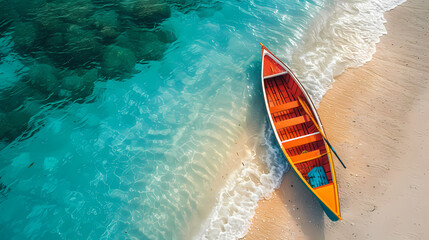 A colorful canoe on the beach, bird's eye view,high definition photography, clean white sand, clear turquoise sea water, waves lapping at shore edge,a sense of calmness in the scene