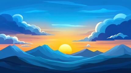 A cheerful sunrise peeks over a whimsical landscape, painting the sky in vibrant hues against fluffy clouds.
