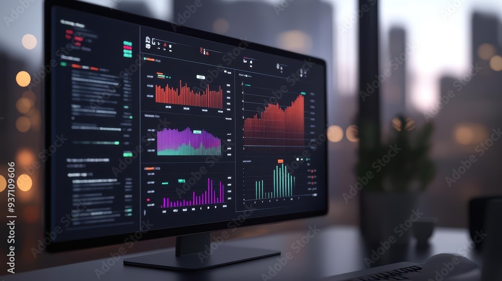 Poster a liveupdating digital dashboard in 3d, showing realtime data analysis with moving charts