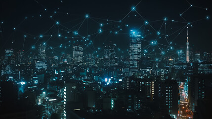 Obraz premium Smart digital city with connection network reciprocity over the cityscape . Concept of future smart wireless digital city and social media networking systems that connects people within the city