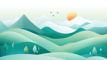 Experience a vibrant flat design showcasing textured hills and mountains in a stunning array of green hues.