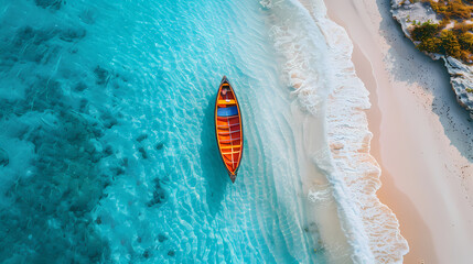 Fototapeta premium A colorful canoe on the beach, bird's eye view,high definition photography, clean white sand, clear turquoise sea water, waves lapping at shore edge,a sense of calmness in the scene