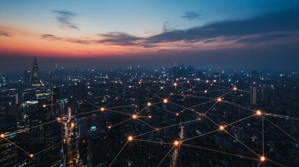 Smart digital city with connection network reciprocity over the cityscape . Concept of future smart wireless digital city and social media networking systems that connects people within the city