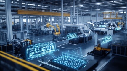Futuristic industry 4 0 factory floor with robots and IoT devices seamlessly integrating, optimizing production