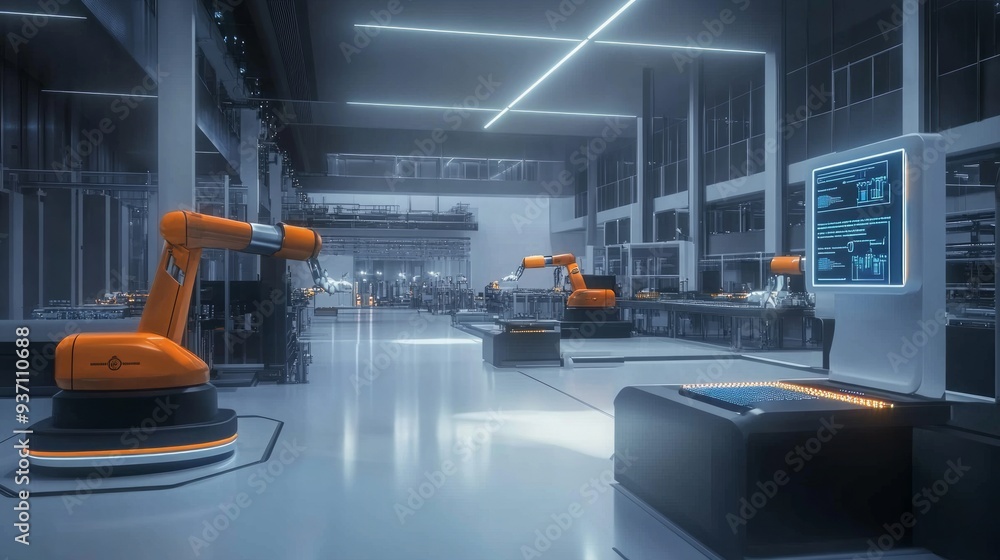 Poster futuristic industry 4 0 factory floor with robots and iot devices seamlessly integrating, optimizing