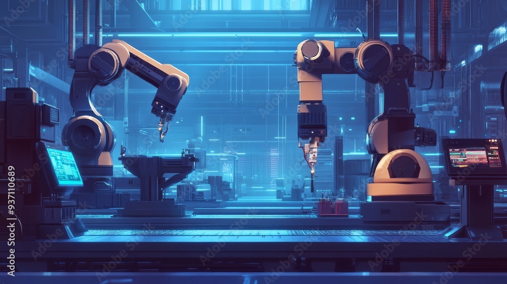 Poster futuristic industry 4 0 factory floor with robots and iot devices seamlessly integrating, optimizing