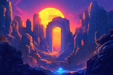 An Ancient Stone Archway Leading to a Glowing Moon in a Purple and Orange Landscape