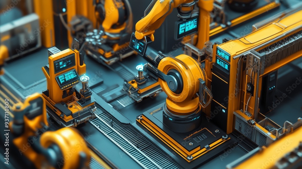 Poster futuristic industry 4 0 factory floor with robots and iot devices seamlessly integrating, optimizing