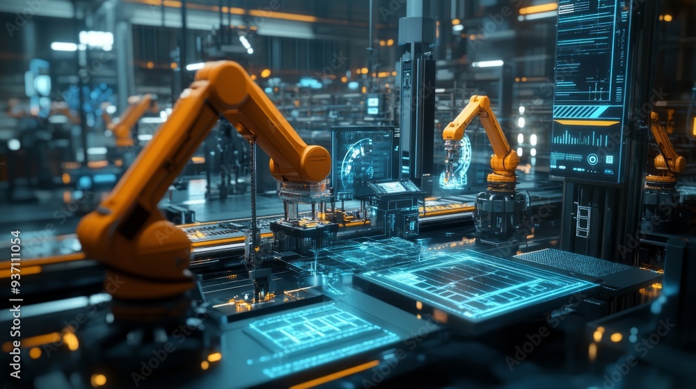Poster futuristic industry 4 0 factory floor with robots and iot devices seamlessly integrating, optimizing