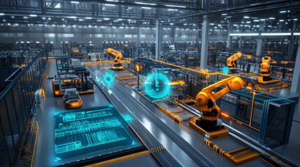 Futuristic industry 4 0 factory floor with robots and IoT devices seamlessly integrating, optimizing production