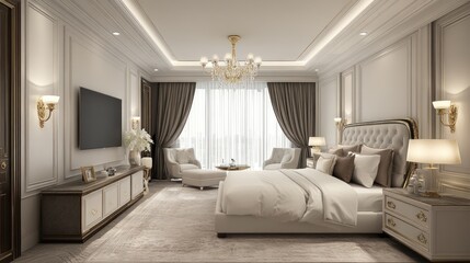 Fototapeta premium Elegant bedroom with a large bed, two armchairs, a TV, and a chandelier.