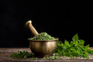 Minced thyme in a brass mortar with scattered leaves