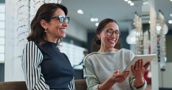 Women, optometrist and patient with high five for glasses, frame and prescription with smile for shopping. Doctor, happy and tablet at shop with support, trust and care for eyesight spectacles