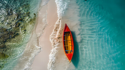 Fototapeta premium A colorful canoe on the beach, bird's eye view,high definition photography, clean white sand, clear turquoise sea water, waves lapping at shore edge,a sense of calmness in the scene