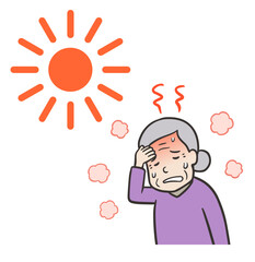 暑さで汗をかき熱中症になるおばあさん