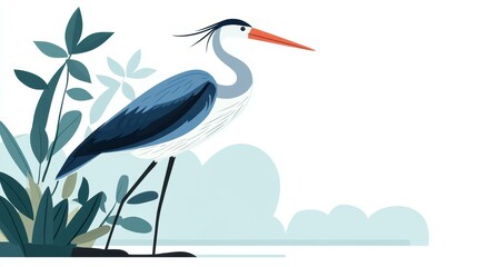 A sleek grey heron rests atop a tree, showcasing vibrant nature through a modern, flat design style.