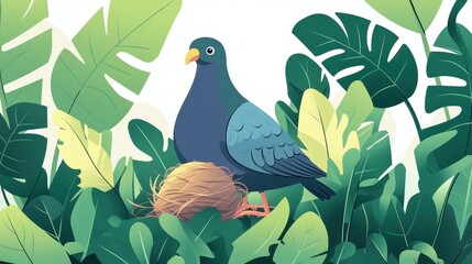 A colorful depiction of the Nicobar Pigeon guarding its nest amid lush foliage, highlighting the beauty of nature.