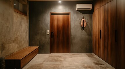 A Minimalist Hallway with a Wooden Door, Bench, and Closet.