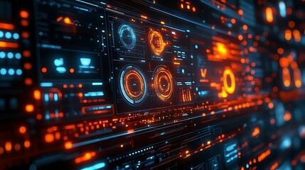 Obraz premium A detailed view of a futuristic control panel filled with vibrant digital interfaces and neon lights, showcasing advanced technology and data-driven systems in a cyberpunk setting.