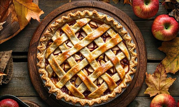 Lattice-top apple pie surrounded by apples and autumn leaves