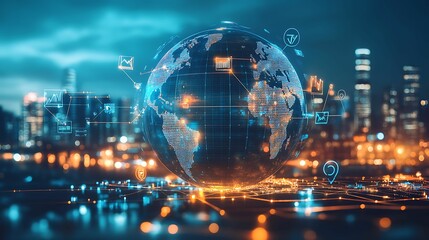 Fototapeta premium A glowing digital globe with data visualizations and connected nodes, representing global networks and technological advancements.