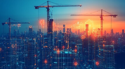 A futuristic city under construction during sunset, with cranes and glowing digital outlines, symbolizing the development of a smart, interconnected urban environment.