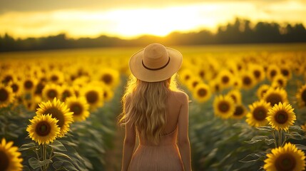 Serene Woman in Hat Standing in Sunflower Field at Sunset in Rural Landscape, print for National Sunflower Day