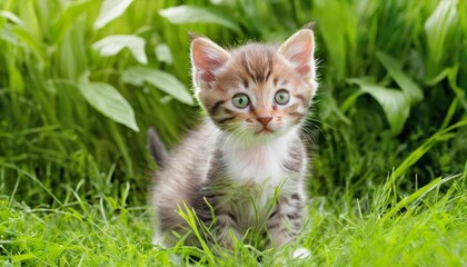 Obraz premium Inquisitive kitten in a verdant field