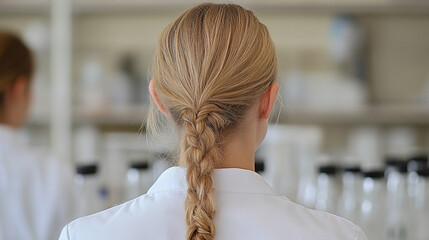 Back view of a female scientist in a lab, showcasing her engaged in work amidst a setting that conveys both order and chaos, symbolizing the complex nature of scientific discovery
