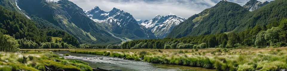 Obraz premium A tranquil mountain stream flows through lush valleys and woodlands, reflecting the grandeur of the snow-capped peaks.