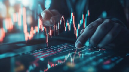 Technical analysis to analyze stock market or cryptocurrency data movement, trend analysis, buy and sell indicator chart concept, businessman trader analyze candlestick chart. 
