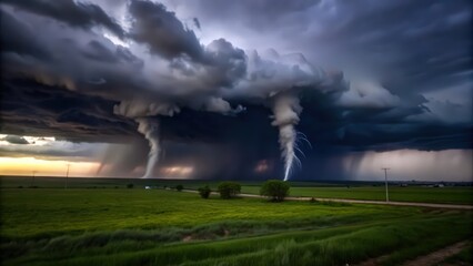 Obraz premium Two Funnel Clouds Form Under a Dark Stormy Sky