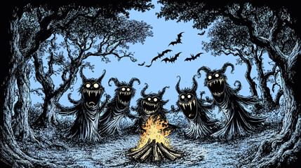 Creepy night campfire scene with ghostly figures dancing under a sky full of bats in a dark forest illustration
