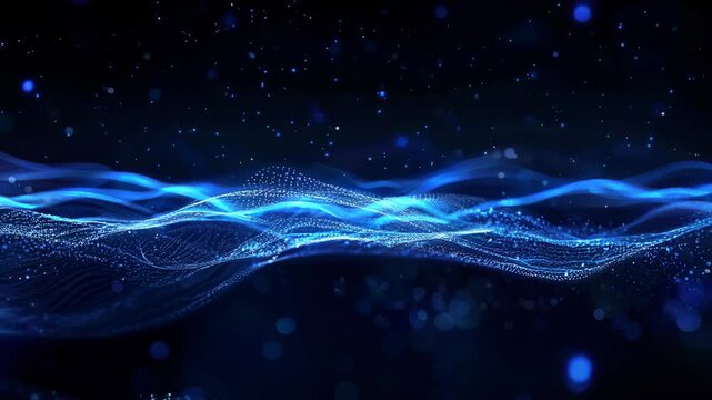 Stunning abstract blue wave pattern with glowing particles floating in space, perfect for technology, art, or background designs.
