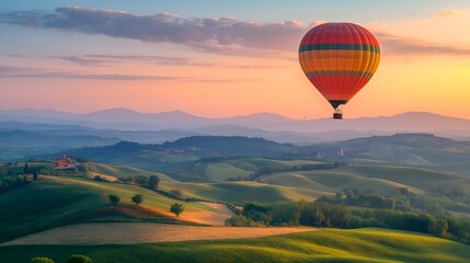 Fototapeta premium Tranquil Sunrise Hot Air Balloon Adventure Over Rolling Hills Landscape, print for National Hot Air Balloon Day