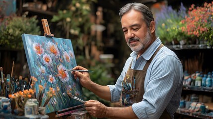 Senior Man Painting Colorful Flowers in Art Studio with Brush on Canvas, print for International Painters Appreciation Day