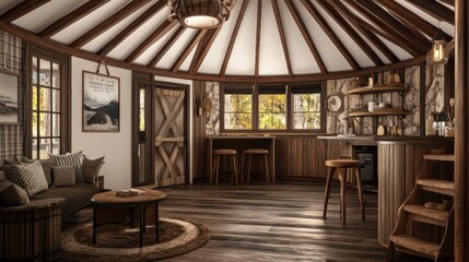 Cozy treehouse living room with a wood-beamed ceiling, a rustic couch, a wooden table, and a window overlooking the forest.