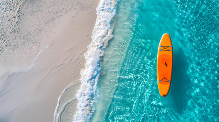 Fototapeta premium An orange and blue paddleboard on the beach, a bird's eye view, high definition photography, clean white sand, clear turquoise sea water, waves lapping at shore edge, and a sense of calmness.