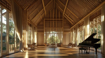 Fototapeta premium A grand piano sits in a spacious room with a bamboo ceiling, large windows, and sheer curtains. Sunlight streams through the windows, casting long shadows on the wooden floor.