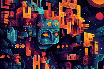 Abstract Urban Landscape with Geometric Shapes and a Masked Figure