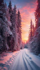 A serene winter landscape featuring a snow-covered road winding through tall, snow-laden trees. The scene is illuminated by a soft, warm glow from a sunset in the background.